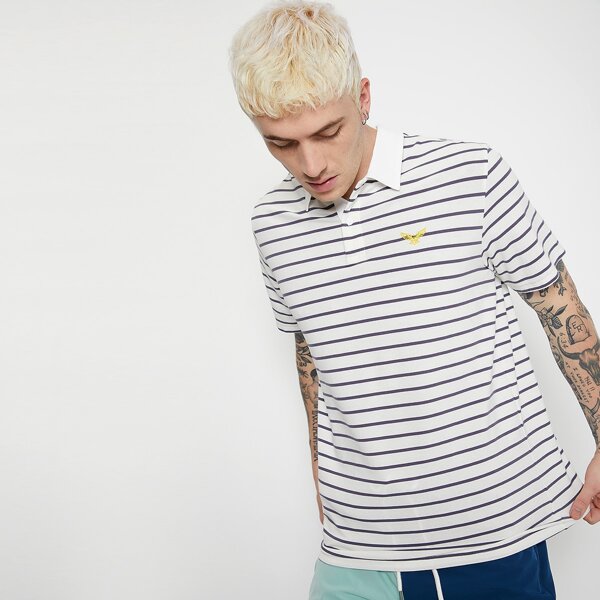 

Men Bird Embroidery Striped Polo Shirt, White