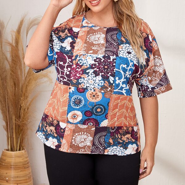 

Plus Floral Patchwork Blouse, Multicolor