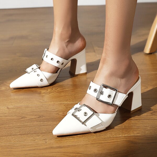 

Buckle Decor Point Toe Chunky Mules, White