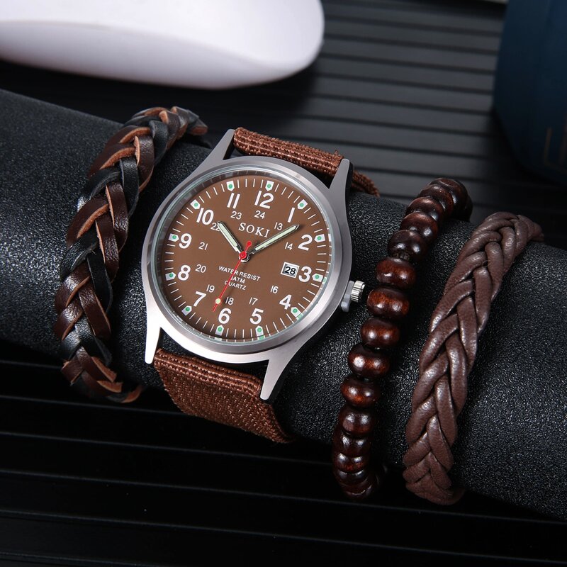 

1pc Guys Nylon Strap Quartz Watch With 3pcs Bracelet