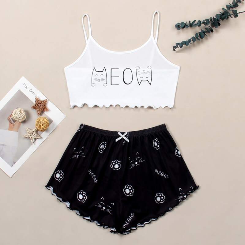 

Cartoon & Letter Graphic PJ Set, Black and white