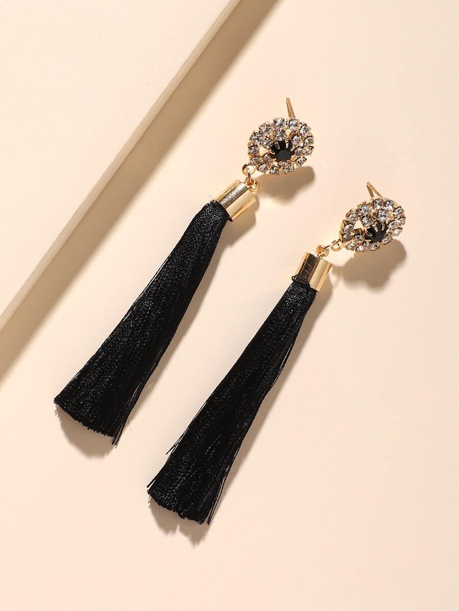 1 Pair of Charming Sparkling Rhinestone Bohemian Tassel Earrings, Women's Daily Vacation Style Jewelry Accessories, Party Gift - Black - View 1