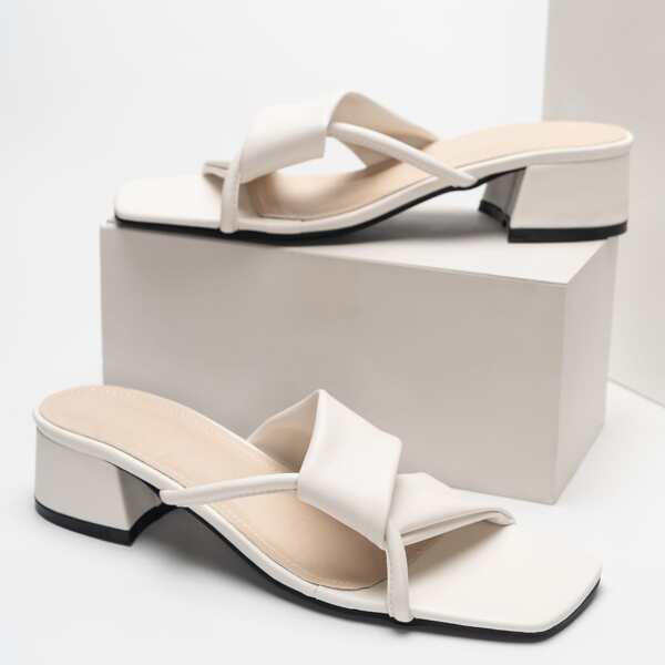 

Twist Block Heeled Mule Sandals, Beige
