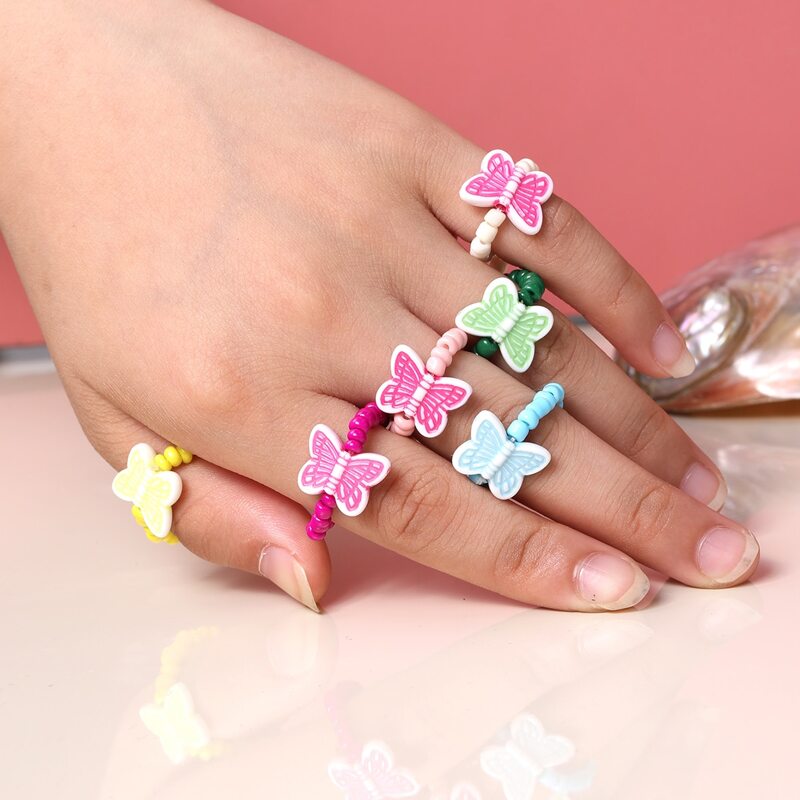 

6pcs Butterfly Beaded Ring, Multicolor