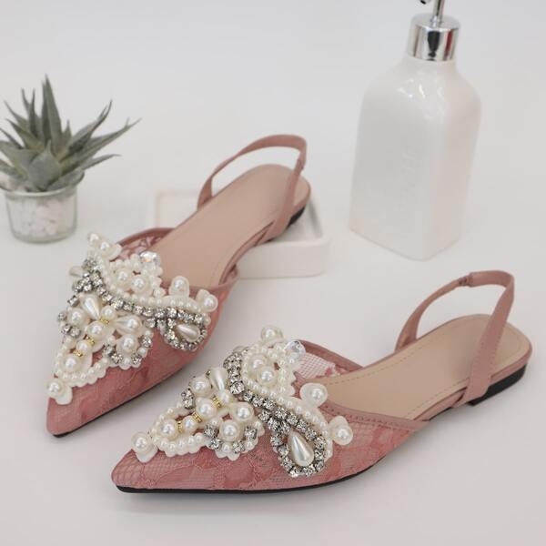 

Rhinestone & Faux Pearl Decor Slingback Flats, Pink