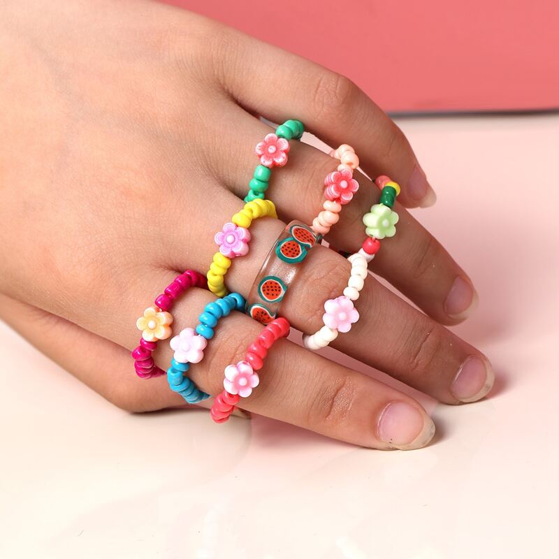 

9pcs Flower & Watermelon Ring, Multicolor