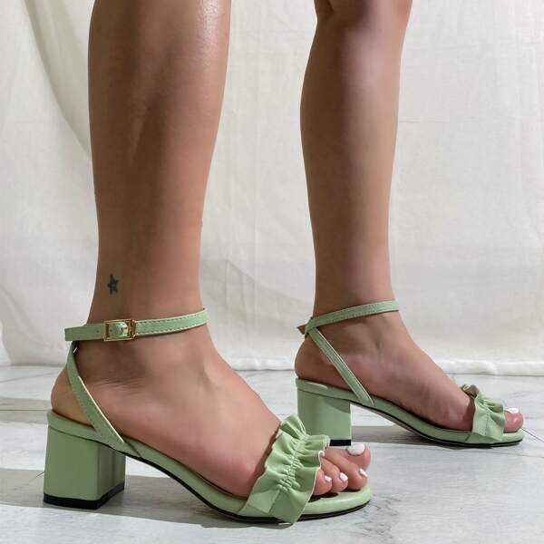

Ruffle Decor Ankle Strap Chunky Sandals, Green