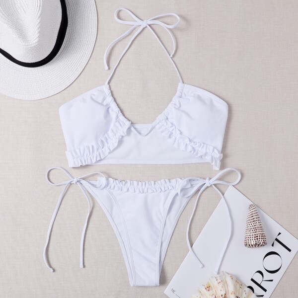 

Frill Trim Tie Side Bikini Swimsuit, White