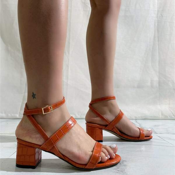 

Croc Embossed Ankle Strap Chunky Sandals, Brown