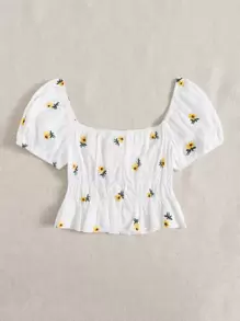 Soleia 泡泡袖繫帶花卉刺繡上衣 - 白色 - 查看 2