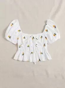 Soleia 泡泡袖繫帶花卉刺繡上衣 - 白色 - 查看 5