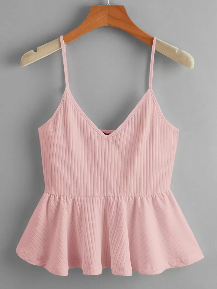 Soleia Áo hai dây Viên lá sen Gân đan màu trơn Giải trí - Màu Hồng baby - Xem 1