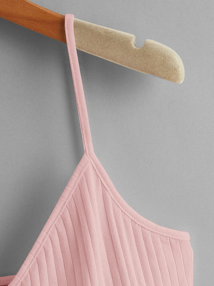 Soleia Áo hai dây Viên lá sen Gân đan màu trơn Giải trí - Màu Hồng baby - Xem 4