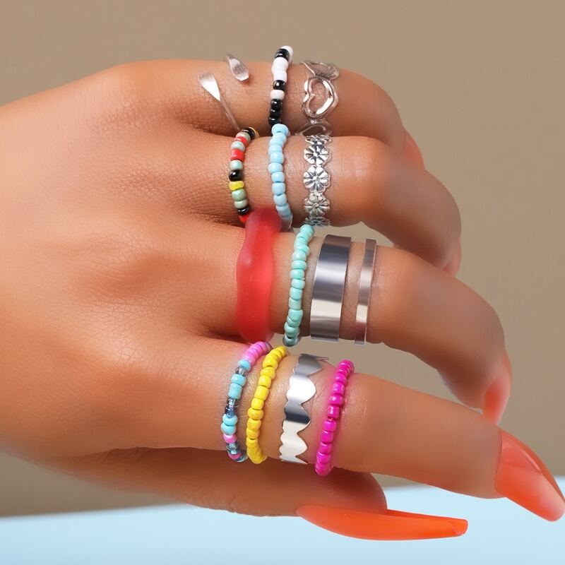 

13pcs Flower & Heart Ring, Multicolor