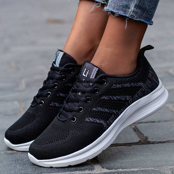 

Lace-up Front Low Top Knit Sneakers, Black
