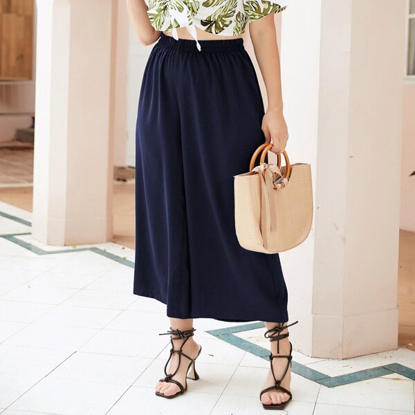 

Plus Wide Leg Solid Pants, Navy blue