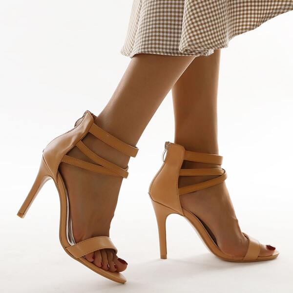

Cross Strap Zip Back Stiletto Heeled Sandals, Apricot