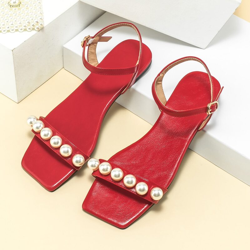 

Faux Pearl Decor Flat Sandals, Red