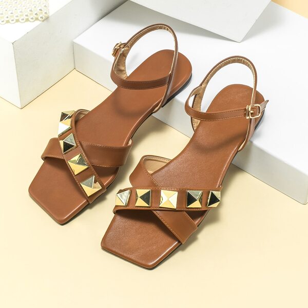 

Spiked Decor Flat Sandals, Brown