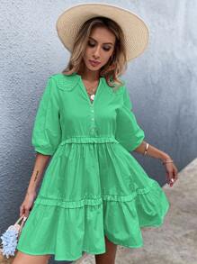 Vestido estilo camisa bajo con fruncido de cuello exagerado - Verde - Ver 1