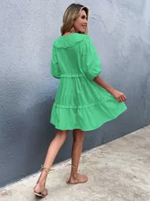 Vestido estilo camisa bajo con fruncido de cuello exagerado - Verde - Ver 2