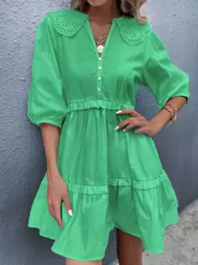 Vestido estilo camisa bajo con fruncido de cuello exagerado - Verde - Ver 3