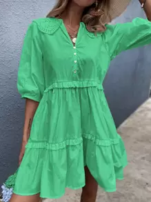 Vestido estilo camisa bajo con fruncido de cuello exagerado - Verde - Ver 4