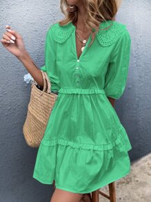 Vestido estilo camisa bajo con fruncido de cuello exagerado - Verde - Ver 6