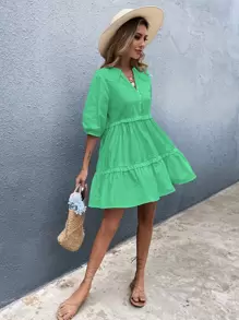 Vestido estilo camisa bajo con fruncido de cuello exagerado - Verde - Ver 7