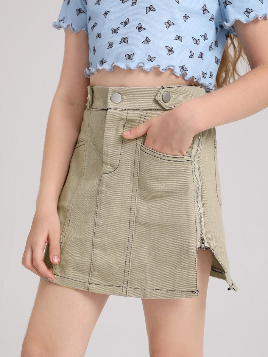 女孩字母圖案側拉鏈牛仔半身裙