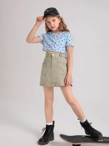 女孩字母圖案側拉鏈牛仔半身裙