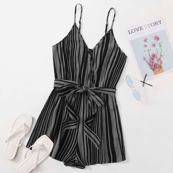 

Plus Striped Belted Cami Romper, Multicolor
