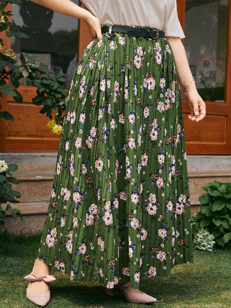 Plus Floral Belted Pleated Skirt - Green - View 1