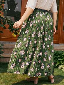 Plus Floral Belted Pleated Skirt - Green - View 2