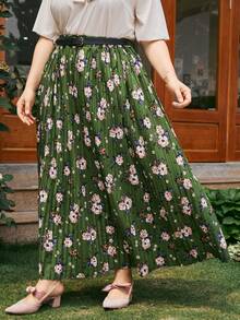 Plus Floral Belted Pleated Skirt - Green - View 4