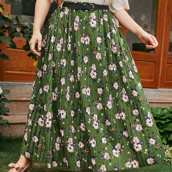

Plus Floral Belted Pleated Skirt, Green
