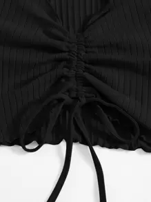 SHEIN EZwear Plus Drawstring Ruched Lettuce Trim Tee - Black - View 4