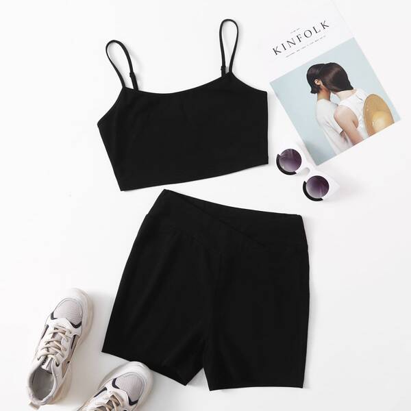 

Solid Crop Cami Top & Overlap Waist Biker Shorts Set, Black