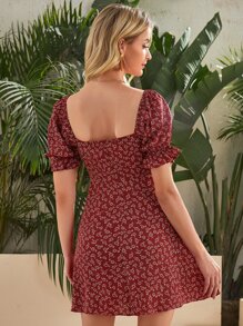 Soleia 雞心領泡泡袖小碎花洋裝 - 酒紅色 - 查看 3