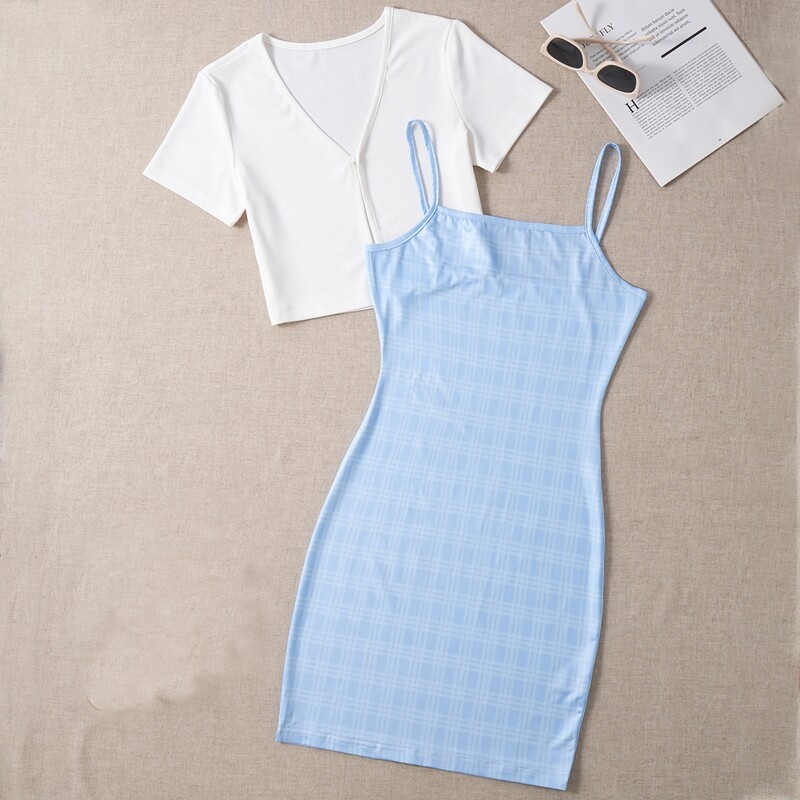 

Solid Ribbed Top & Plaid Cami Dress, Blue and white
