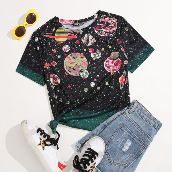 

Plus Galaxy Print Round Neck Tee, Multicolor