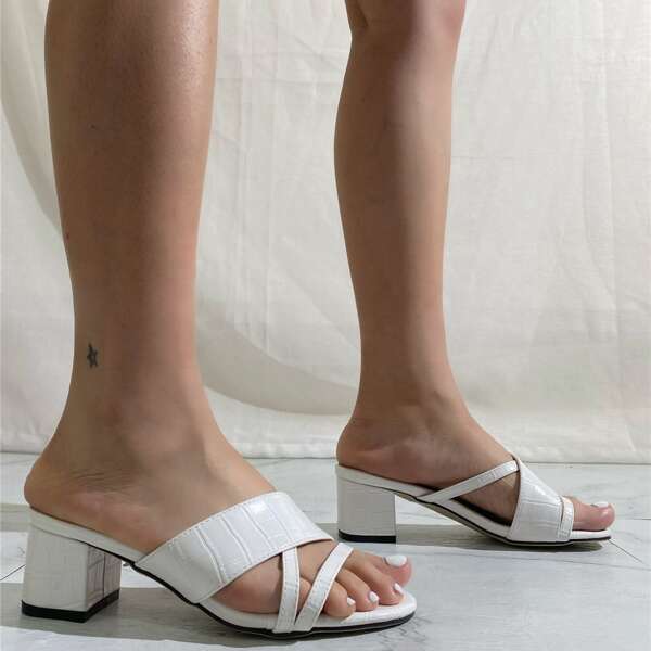 

Croc Embossed Strappy Chunky Mules, White