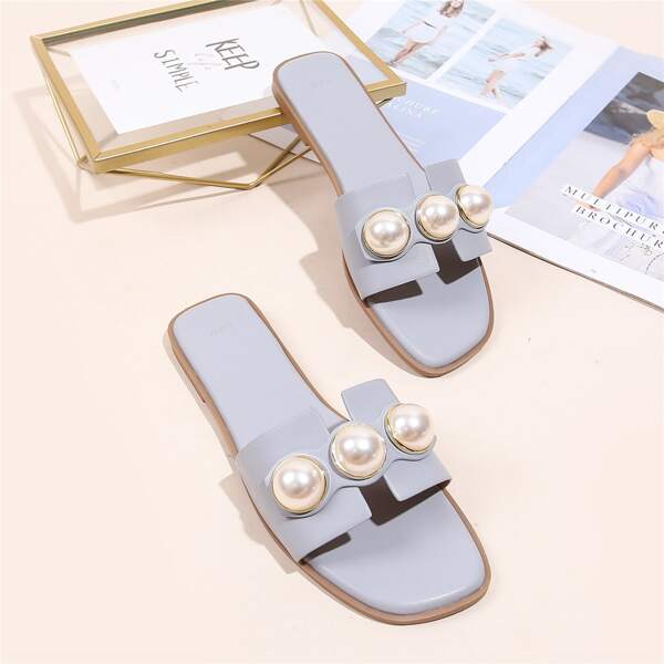 

Faux Pearl Decor Slide Sandals, Baby blue