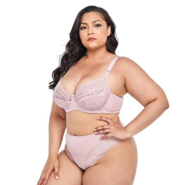 

Plus Floral Lace Underwire Lingerie Set, Dusty pink