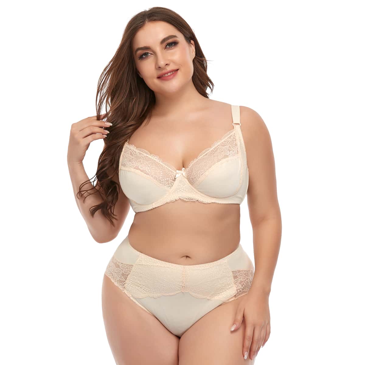 

Plus Floral Lace Underwire Lingerie Set, Beige
