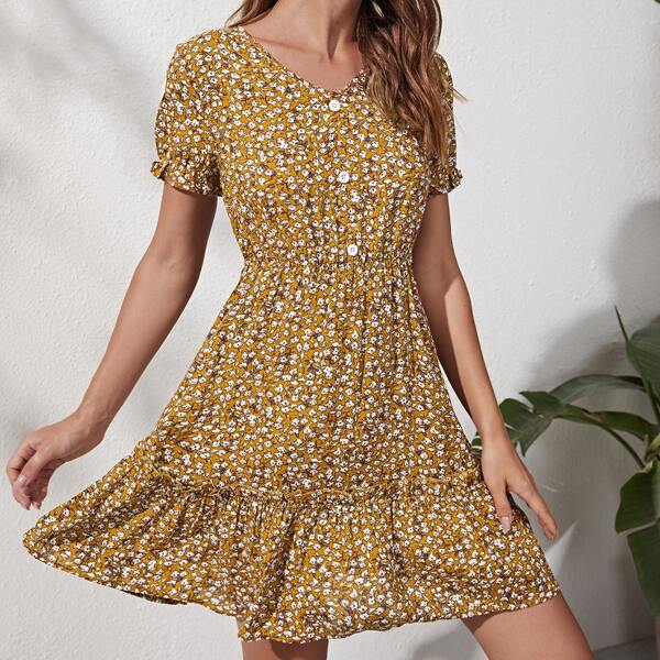 

Ditsy Floral Ruffle Hem A-line Dress, Mustard yellow