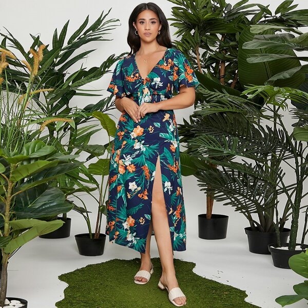 

Plus Knot Front Split Thigh Tropical Print Dress, Multicolor