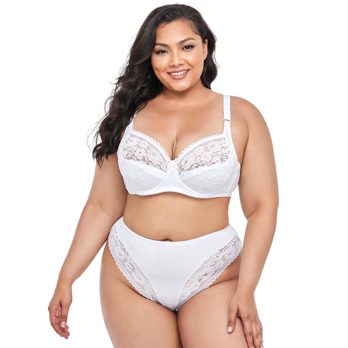 

Plus Floral Lace Underwire Lingerie Set, White