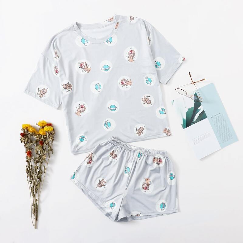 

Cartoon Graphic Pajama Set, Light grey