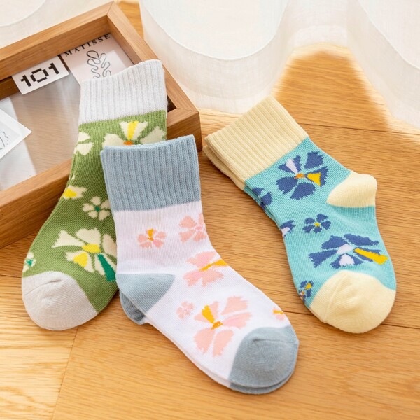 

3pairs Toddle Girls Floral Print Socks, Multicolor